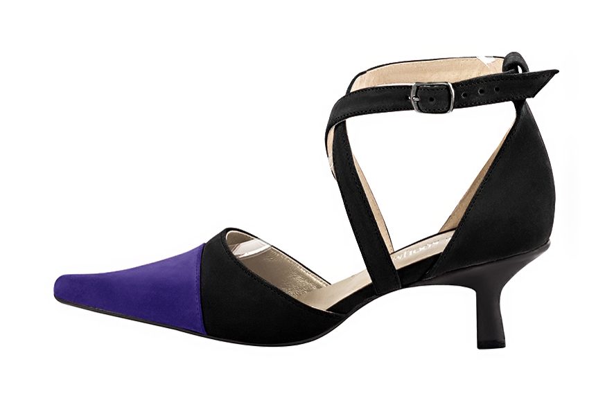 Violet purple and matt black women's open side shoes, with crossed straps. Pointed toe. Medium spool heels. Profile view - Florence KOOIJMAN